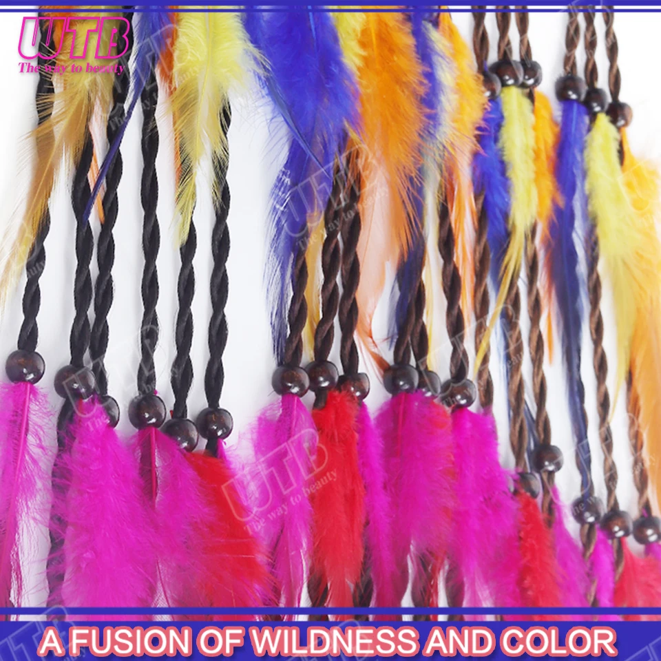Colorful Feather Braided Synthetic Wig Elastic Band Style Ethnic Style Braided Wig Suitable for Women to Wear Daily and Holidays