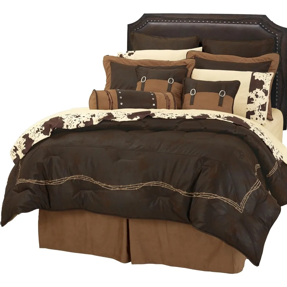 Western Bedding 7 Piece Super King Comforter Set, Brown Faux Leather Rustic Cabin Theme Bed Set, Comforters