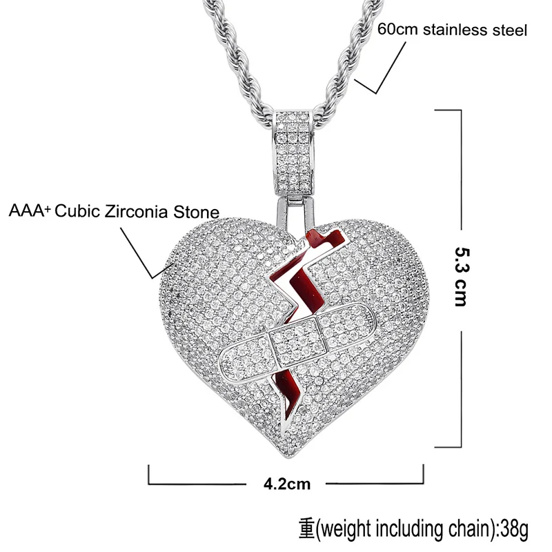 Hip Hop AAA CZ Stone Paved Bling Iced Out Bandage Broken Heart Pendants Necklace for Men Rapper Jewelry Drop Shipping