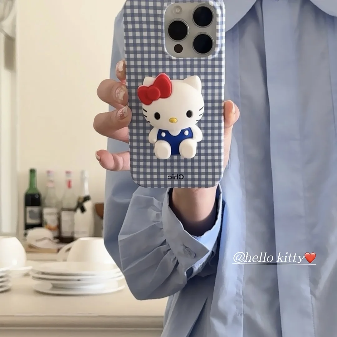 

Cute Cool Hello Kitty Cat with stand holder Phone Case For iPhone 12 13 14 15 16 Pro Max Plus blue grid Silicone Cover Fundas﻿