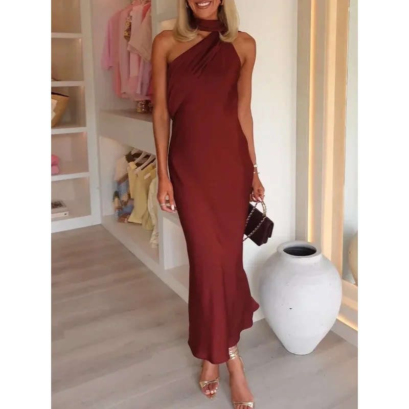 

Women's Sexy Backless Satin Dress Chic Solid Color Maxi with Ribbon Detail Summer 2025 Fashion Evening Chic Elegant