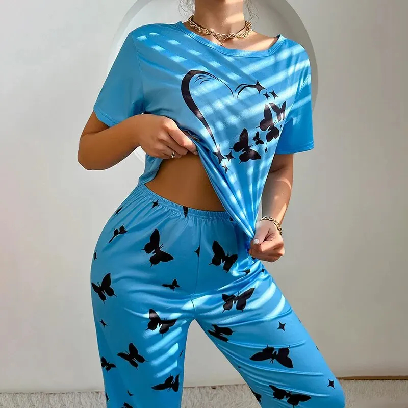 Women Pajamas Sets Sleepwear Summer 2 Pieces Pijama Short Sleeve Tops With Pants Set Butterfly Printing Pyjama Femme Loungewear