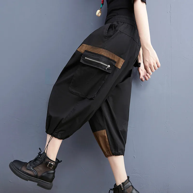 #2939 Summer Cargo Pants Women Casual Joggers Spliced Color Streetwear Hip Hop Pants Side Pockets Loose High Waisted Harem Pants