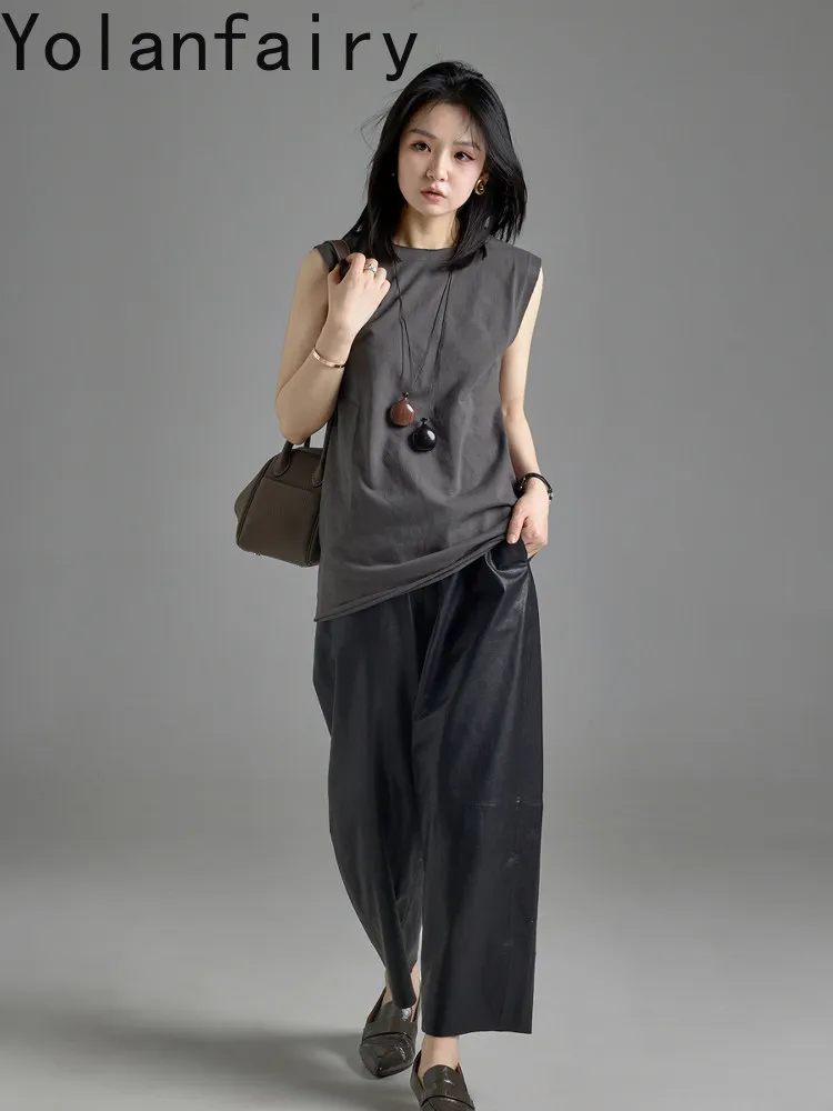 YOLANFAIRY Vegetable Tanned Sheepskin Leather Pants Women Elastic Waist Loose Wide Leg Nine Point Trousers Ultra Thin Soft Pants