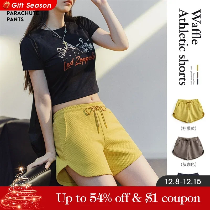 Maden Waffle Women\'s Casual Shorts Running Fitness Sweatpants Beach Pants Loose Drawstring Shorts Summer Breathable Yellow Color