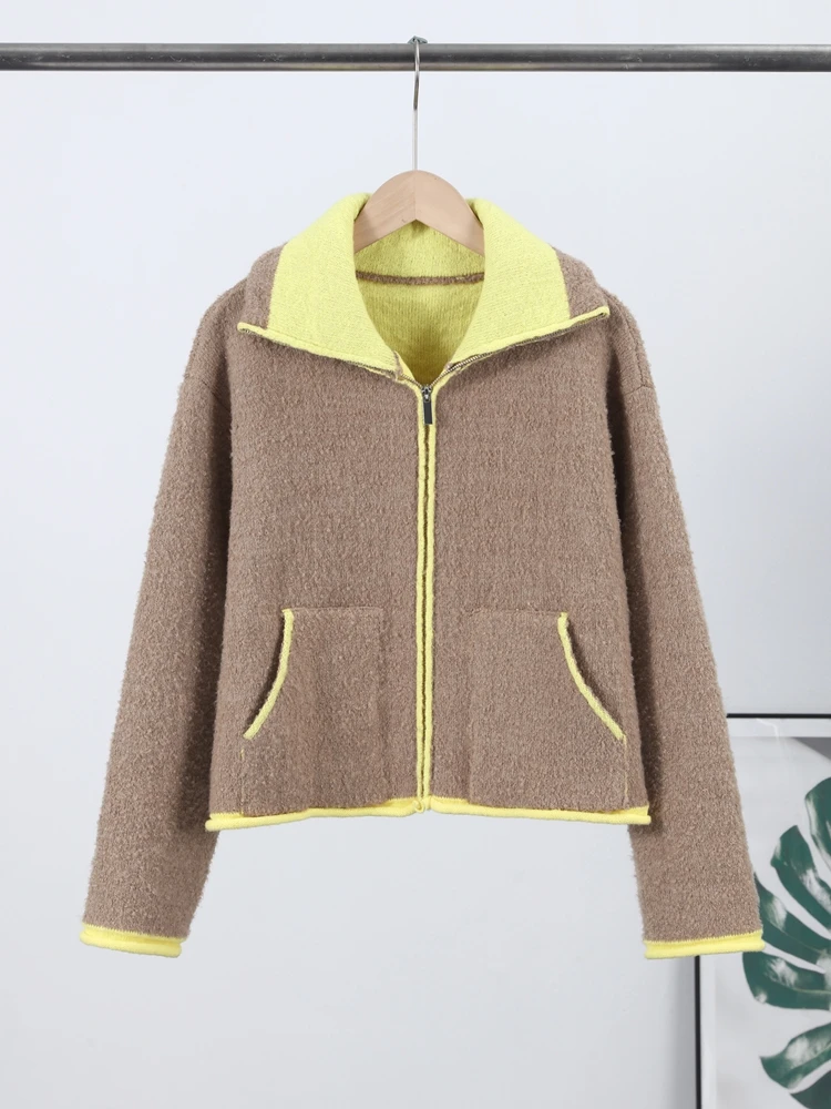 2026 Autumn Zipper Women's Sweater Fashion Contrast Long Sleeve Turndown Collar Female Cardigan Warm Pocket Loose Lady Knitwear