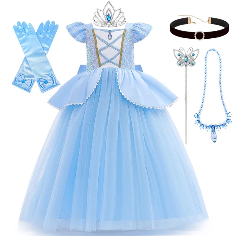 

Children Dreamy Girls Cinderella Cosplay Costume Princess Ball Gown Kids Sequin Mesh Disguise Dress For Carnival Birthday Party
