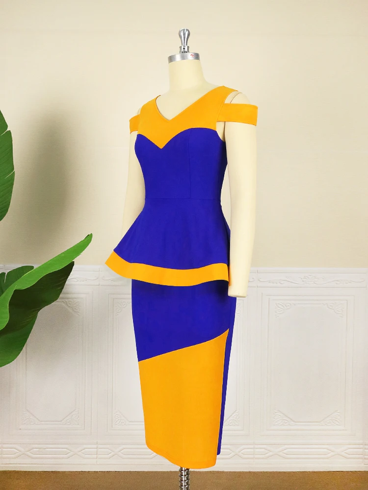 AOMEI patchworkowa sukienka Bodycon Party zimno ramię Color Block kobiety Peplum krótki rękaw, dekolt V elegancki afryki lato biurowa, nowa