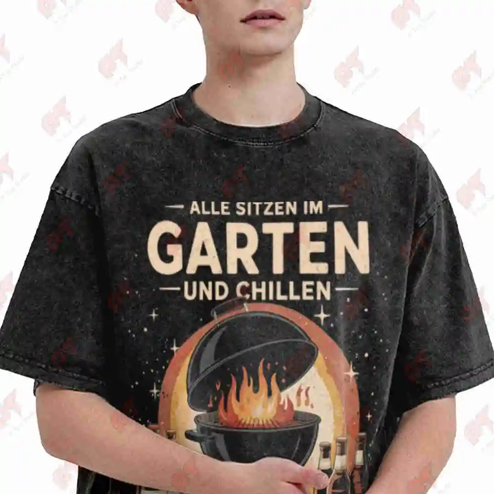 Michael Must Grill German Text Vintage Washed Tee Pure Cotton T-Shirt