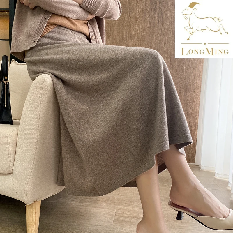 LONGMING Black Skirts for Women\'s Winter Dress Clothing 100% Merino Wool Autumn Knitted A-Line Dresses Streetwear Korean Fashion