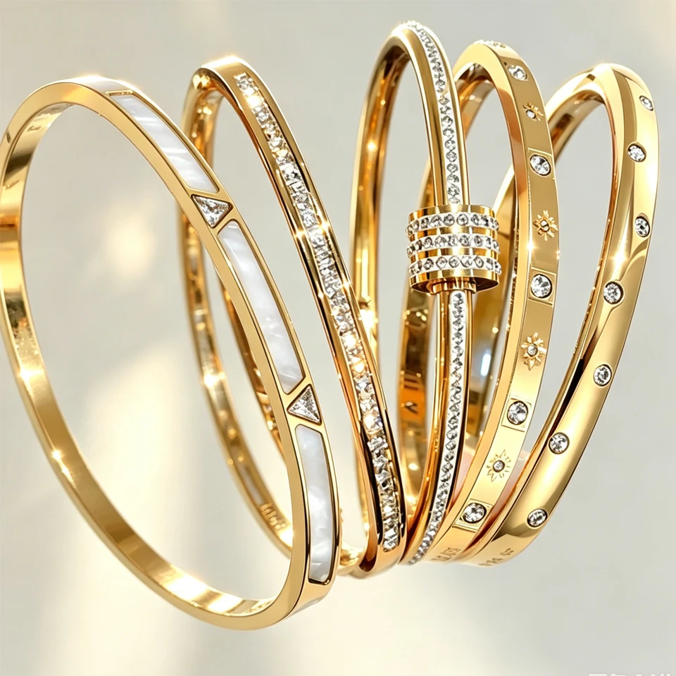 Image of ZAKOL 5 Stück goldfarbene Edelstahl-Stapelarmbänder, glänzender Zirkon, wasserdicht, stapelbares Armband, Modeschmuck für Frauen