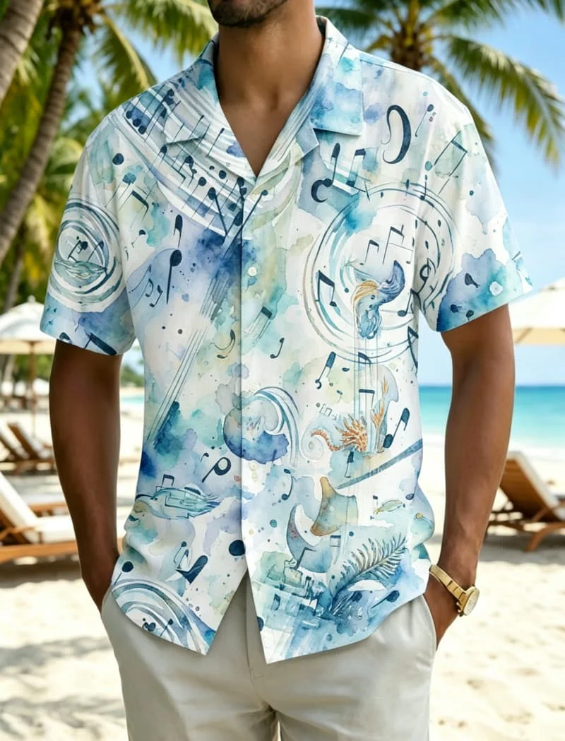 Men's Watercolor Music Note Print Shirt, Exotic Island Style for Summer Holiday, Beach Trips, Daily Outings & Casual Wear