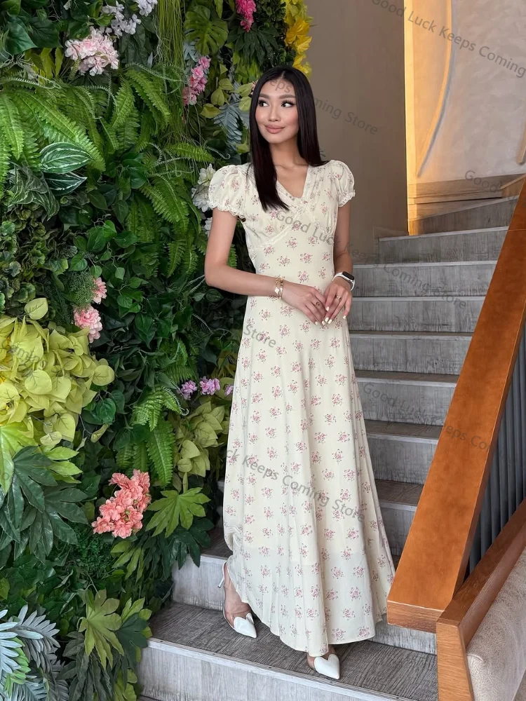 Vestido longo feminino com estampa floral, manga bufante, elegante, decote em v, cintura alta, linha a, slim, férias, viagem, retrô, diário, verão