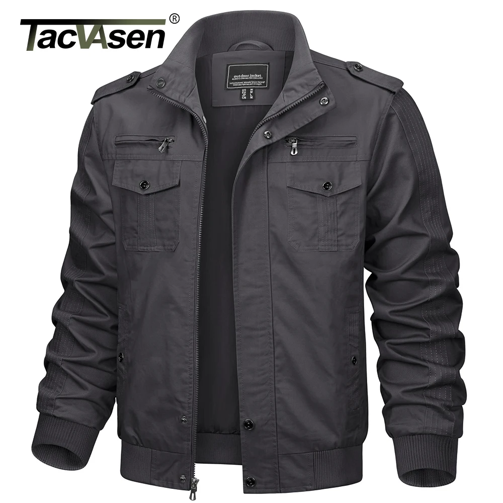 TACVASEN Autumn Men's Bomber Jackets Cotton Lightweight Multi Pockets Zip Front Stand Collar Windproof Casual Work Cargo Jacket