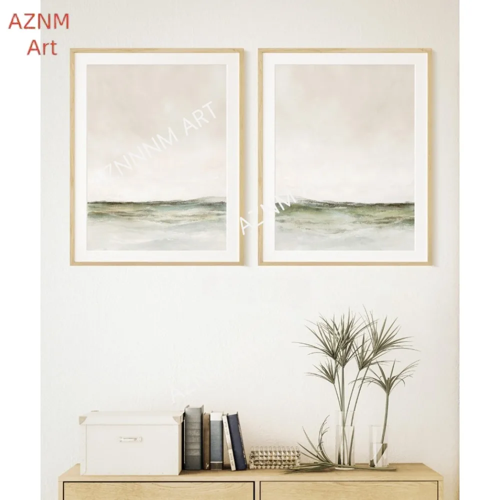 1/2-teiliges Set mit zwei abstrakten Landschaftsgemälden, neutralen Aquarellgemälden, salbeigrüne Kunstdrucke, Wandkunst