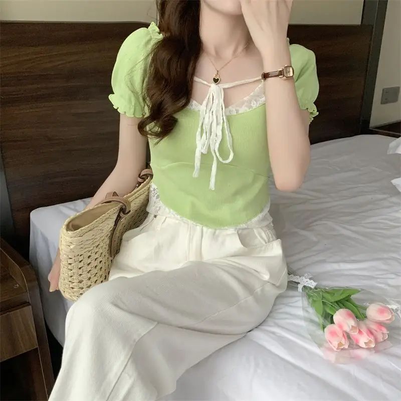 T-shirts Women Solid Lace Fake Two Pieces Simple Creativity Special All-match Summer Daily Prevalent Korean Style Delicate Sweet