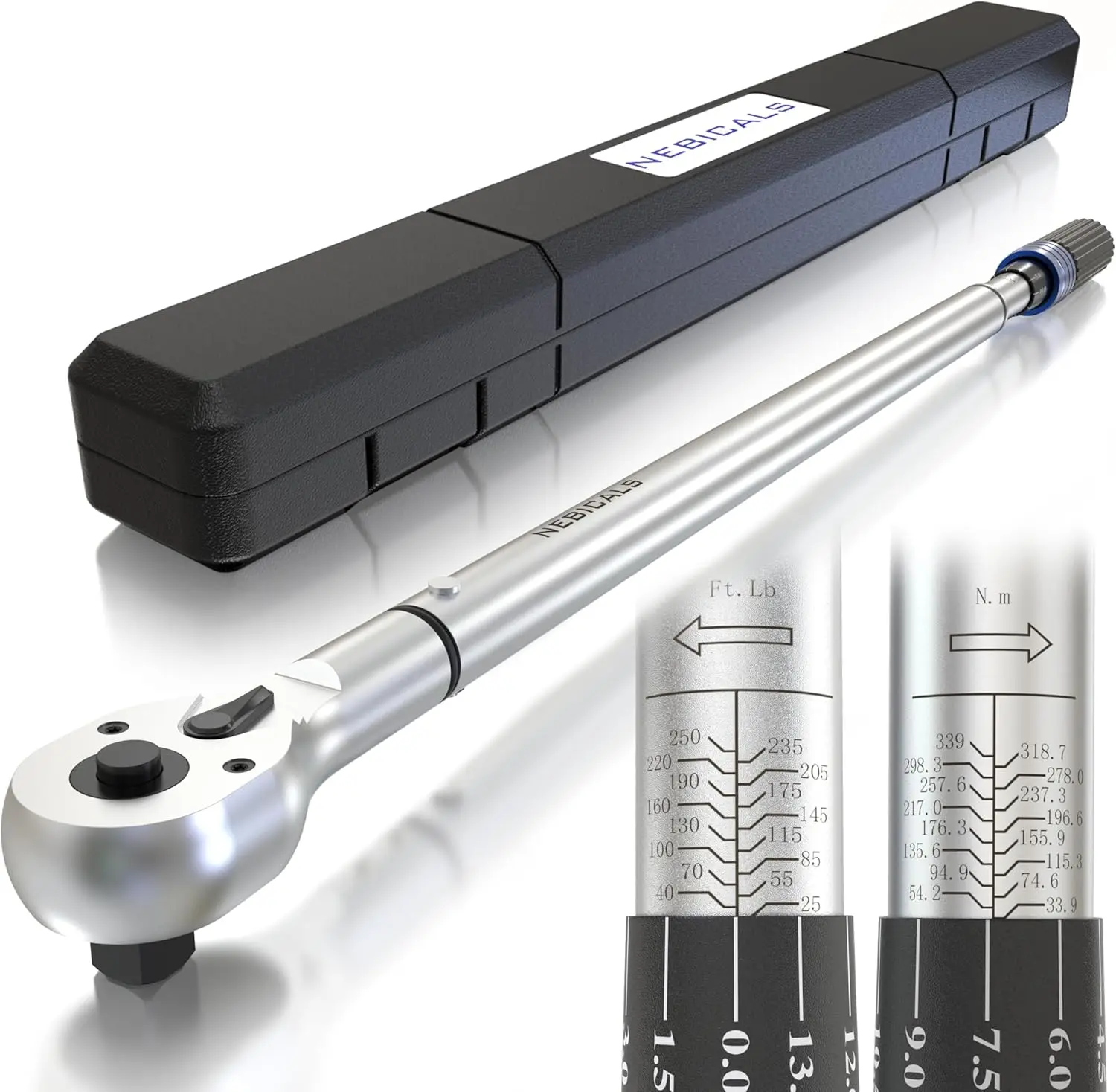 

1/2 Inch Torque Wrench 25-250 ft-lb, 72-Tooth Reversible Head, Heavy Duty for Automotive & Industrial Use