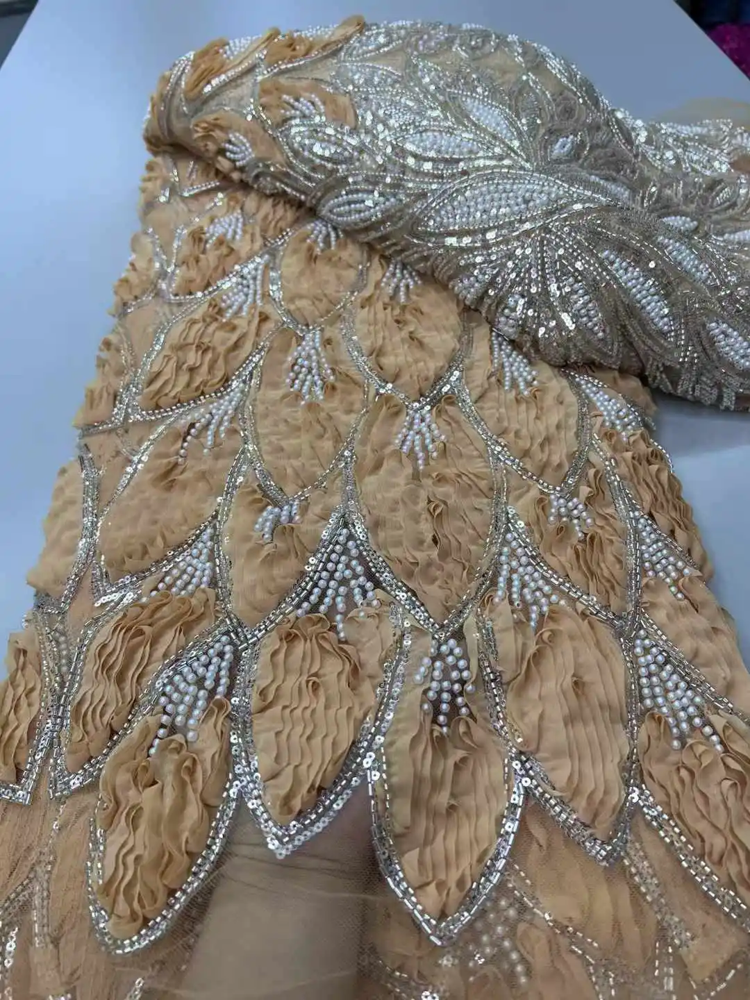 2025 Afrikaanse zware kralen kant stof Nigeriaanse pailletten bruidegom bruiloft jurk naaien hoge kwaliteit 5 yards