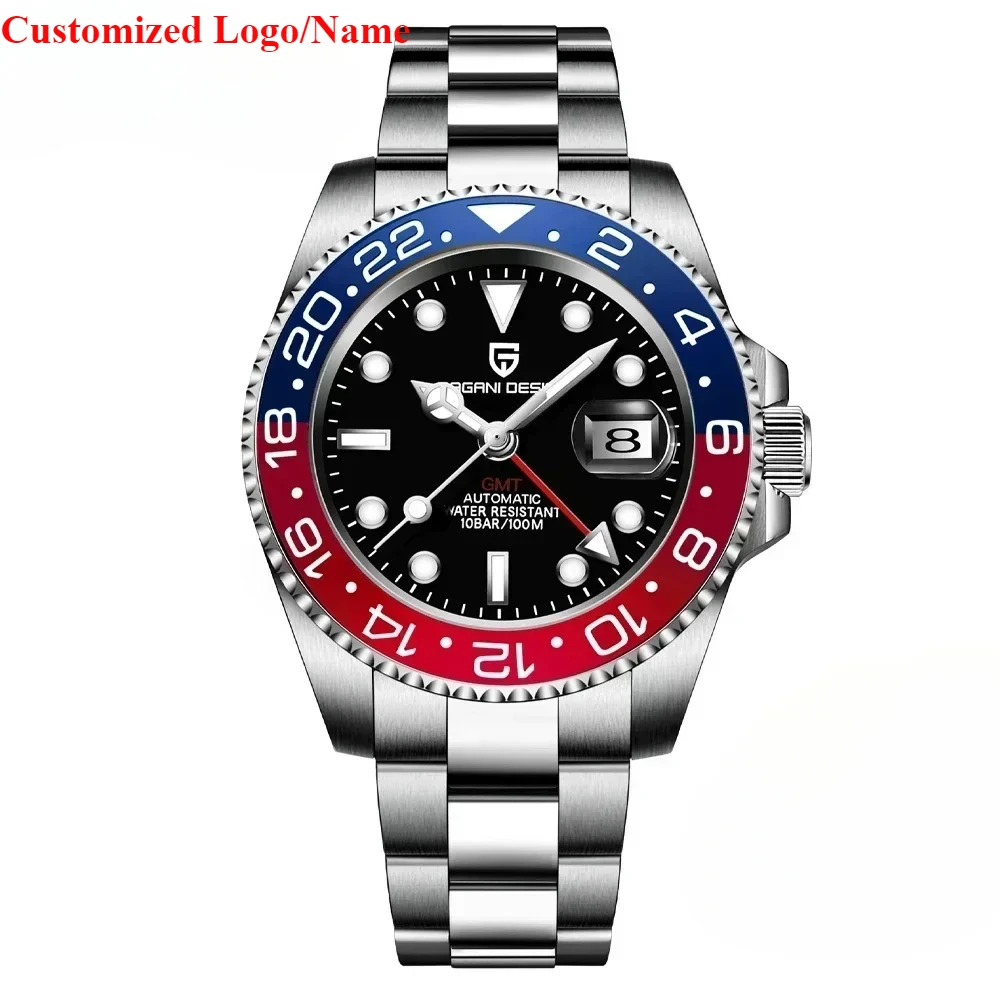 40mm relógio masculino gmt relógio de pulso mecânico automático preto azul ouro safira moldura cerâmica pulseira aço inoxidável personalizado