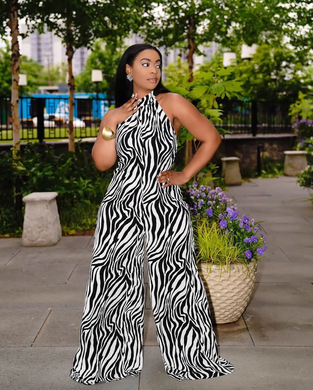 

M3227 Amazon independent station cross-border European and American women's wide-leg jumpsuit plaque printed backless jumpsuit