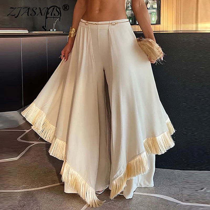 

Office Ladies Elegant Tassel Casual Flare Pants 2025 Spring High Waist Loose Women Trouser Summer Solid Boho Beach Pant Harajuku
