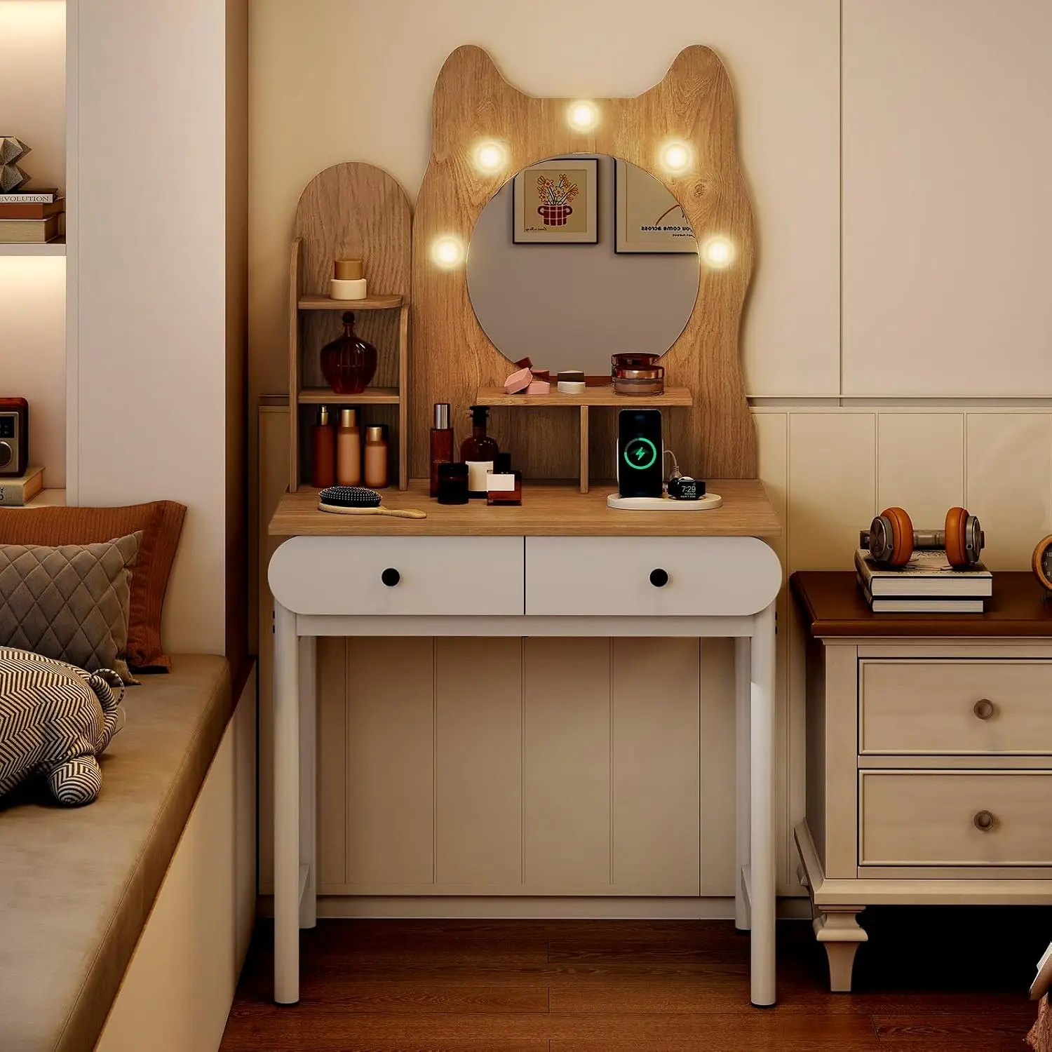 Cat Vanity Desk, Charging Station, 3-Color LED, Dimmable, Shelf & 2 Drawers, Dressing Table for Bedroom, 31.5