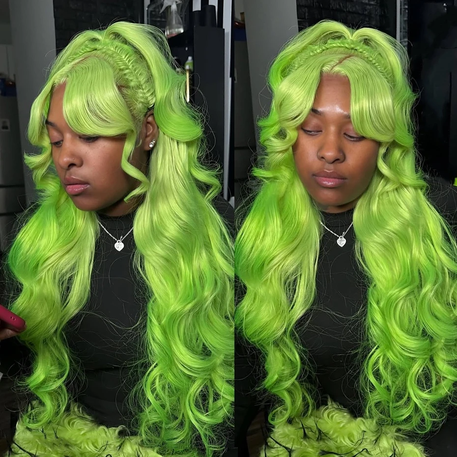 

13x6 Green Lace Front Human Hair Wigs With Baby Hair Body Wave Transparent Lace Frontal Wig Pre Plucked Mint Green Lace Wig