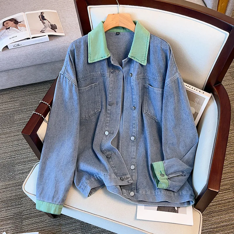 

Jacket Women Denim Coat Autumn 2025 Outerwear Streetwear Patchwork Single Breasted Pockets Turn Down Collar Washed Overcoat