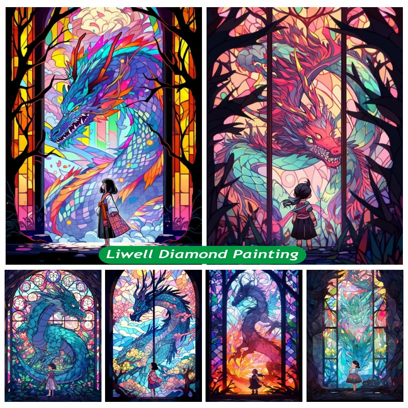 

Stained Glass Fantasy Gril And Dragon Diamond Painting Crystal Full Drills Cross Stitch Colorful Chinese Dragon Wall Art Decor