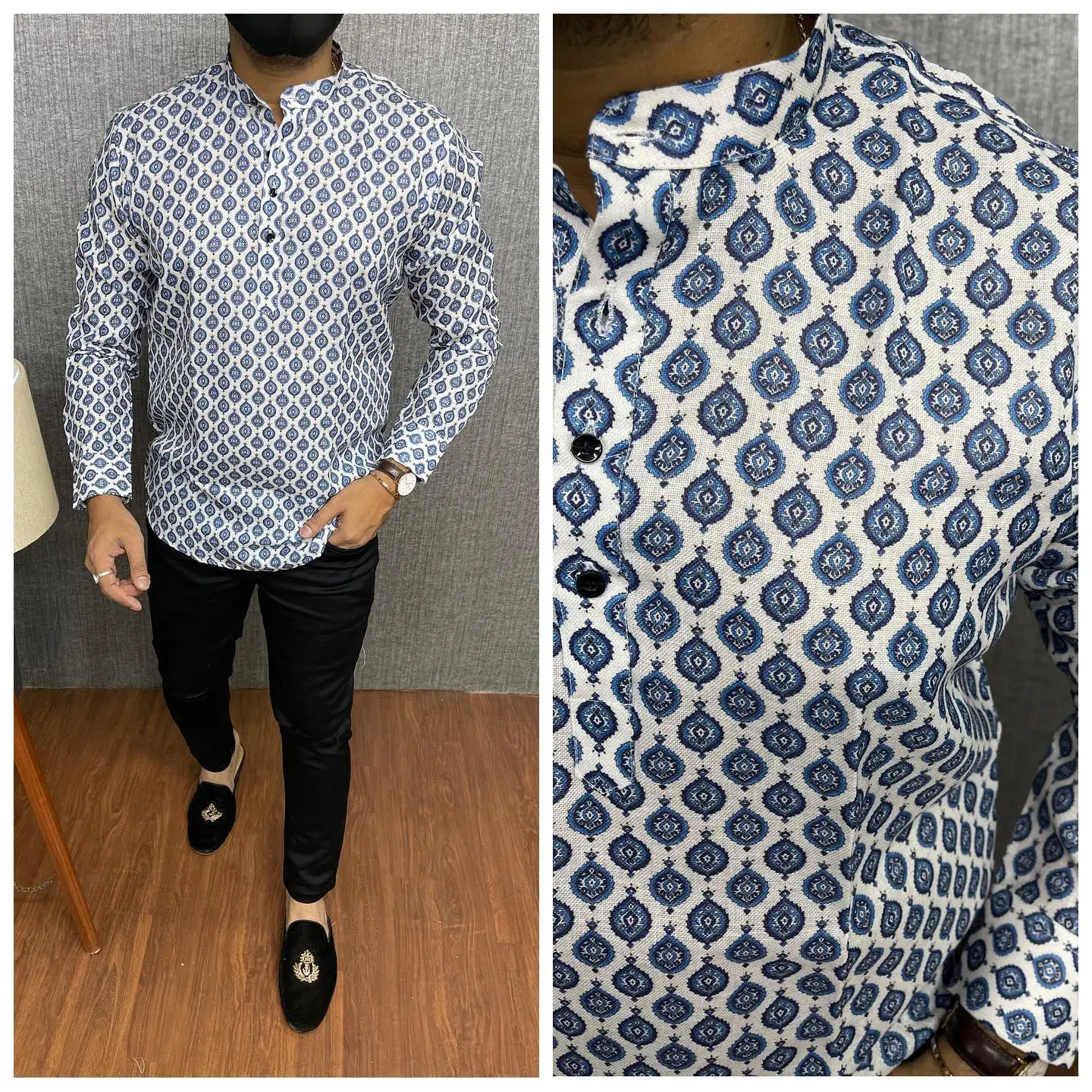 الرجال قميص مسلم فضفاض الربيع الوقوف قمصان عادية قفطان كم طويل ثوب مسلم قميص الملابس عباية قمصان النمط الوطني #1