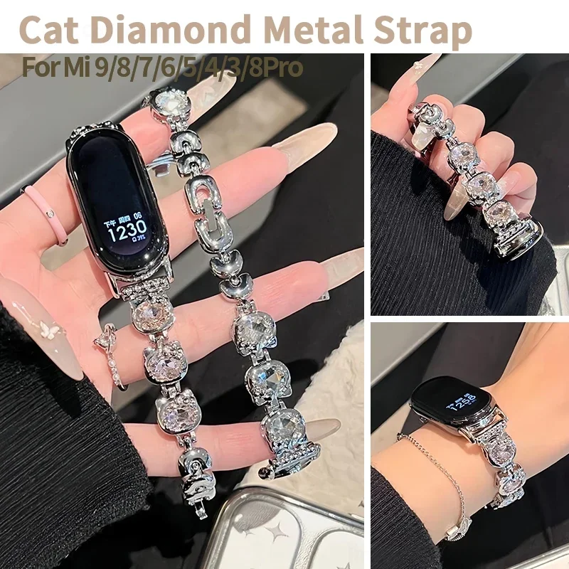 Cute Cat Diamond Metal Strap for Xiaomi Mi Band 8 Pro Women Glitter Bracelet for Mi Band 9 8 7 6 5 Correa Smartwatch Accessories