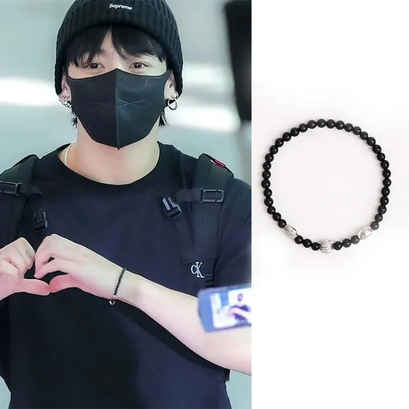 

Kpop Group JK Jung Kook Same Style Bracelet Black Agate Thread Bracelet For men Fans Charity Korean Trendy Accessories