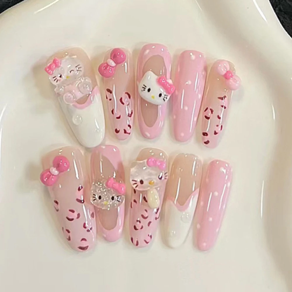 24 pièces 3D Kawaii Hello Kitty rose faux ongles mi-long français Aurora arc Kitty Ballet ongles conseils dessin animé Kitty acrylique faux ongles