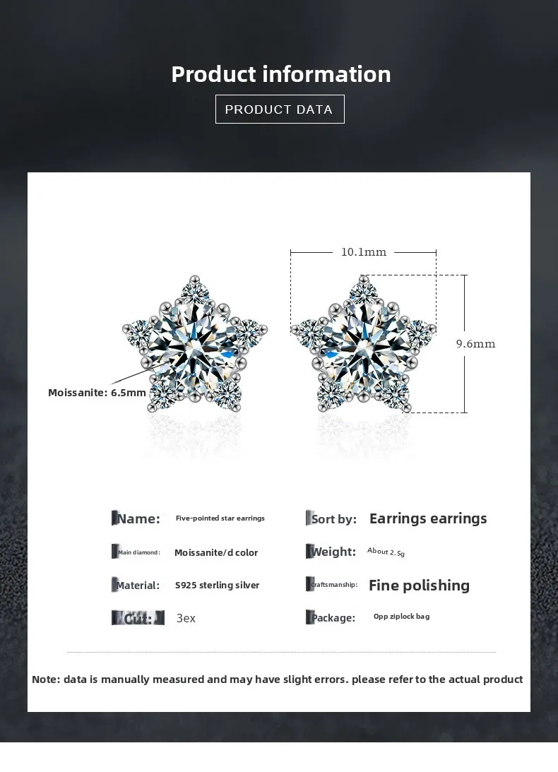 S925 الفضة الذهب الأبيض مطلي 1CTx2 D اللون البنتاغون قص مويسانيتي وأقراط للنساء ، أنيقة غرامة مجوهرات هدية