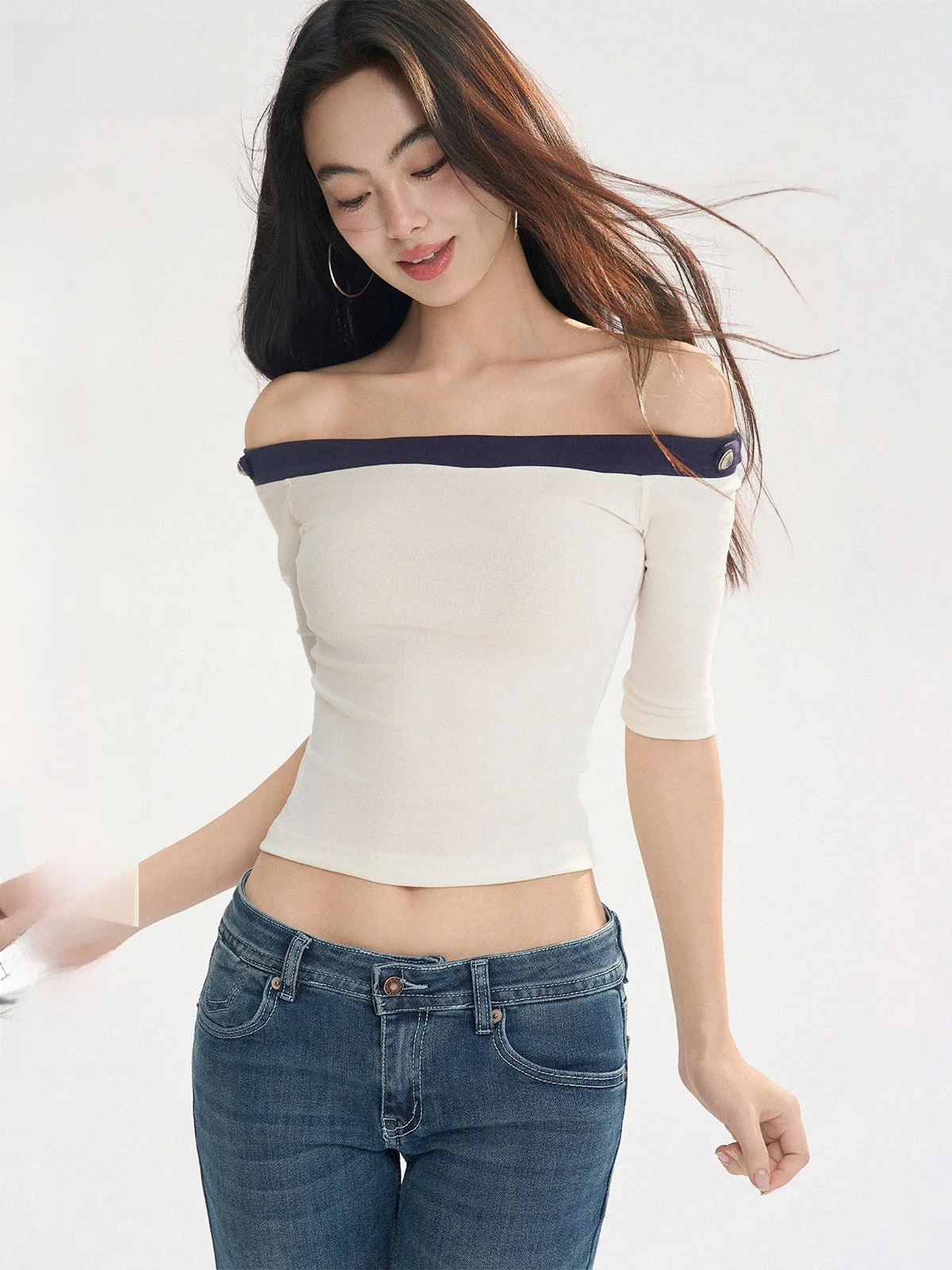 Pure Desire Style Short Shoulder T-Shirt Button Color Block Slimming Sexy Girl Style mid Sleeve Short Top Women's Fashion