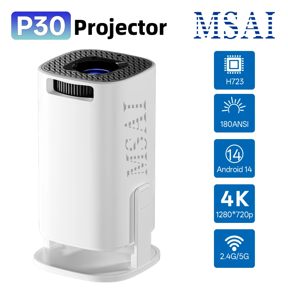 

Портативный проектор MSAI P30, 180 ANSI, Android 14, WiFi6, 4K, 720P, BT5.4, декодирование HDR10, двухдиапазонный Wi-Fi, универсальная вилка, для улицы и дома