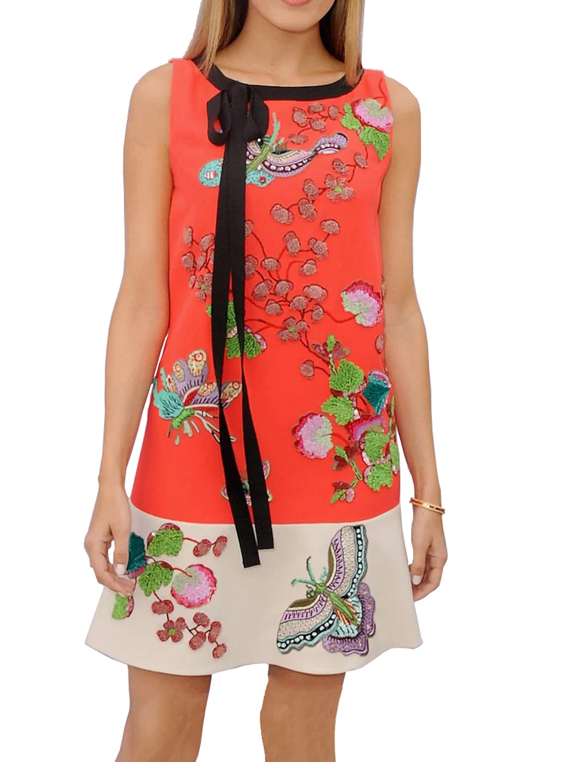 Fashion Butterfly Print Women Sheath Dress Round Neck Sleeveless Dresses