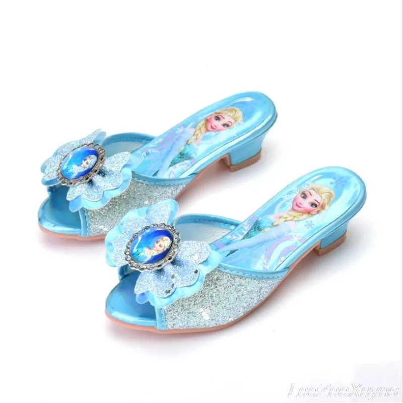 Girls Summer Sandals Slipper Sequined Princesse Children High Heel Party Dress Elsa Shoes Leather Slipper Kids Slides