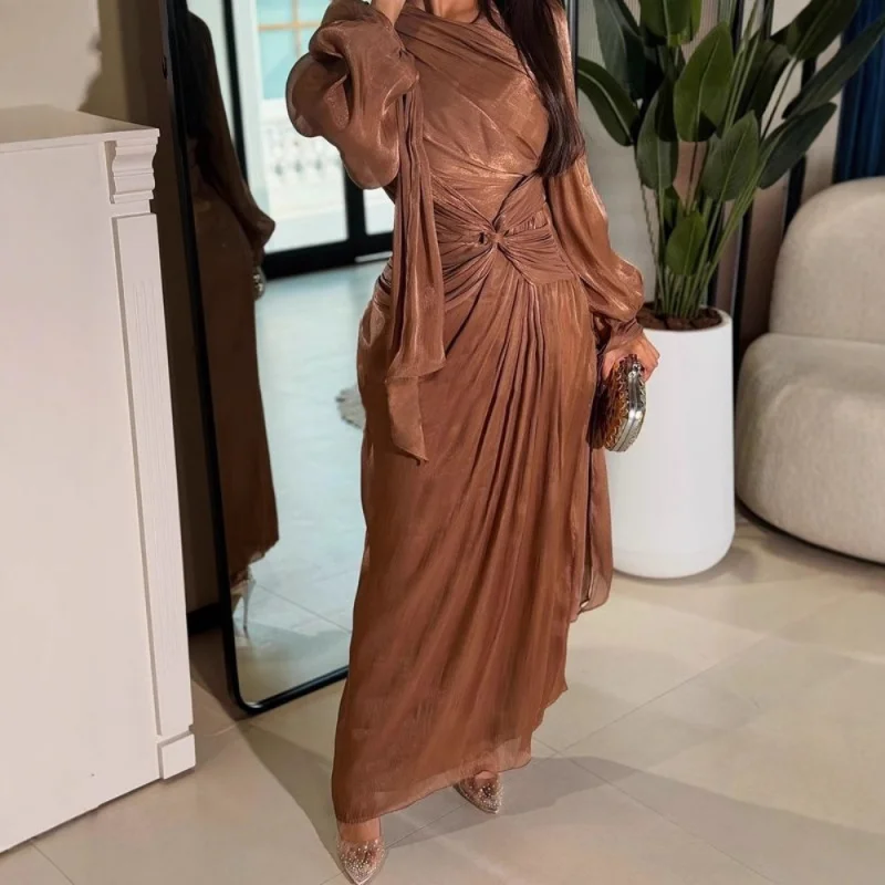 

2025 Autumn and winter European American Middle Eastern foreign trade women's clothing pleated ribbon sparkling evening dress