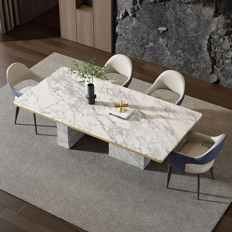 

Natural Marble Dining Tables and Chairs Set High-End Rectangular Luxury Stone Villa Living Room Dining Table Set