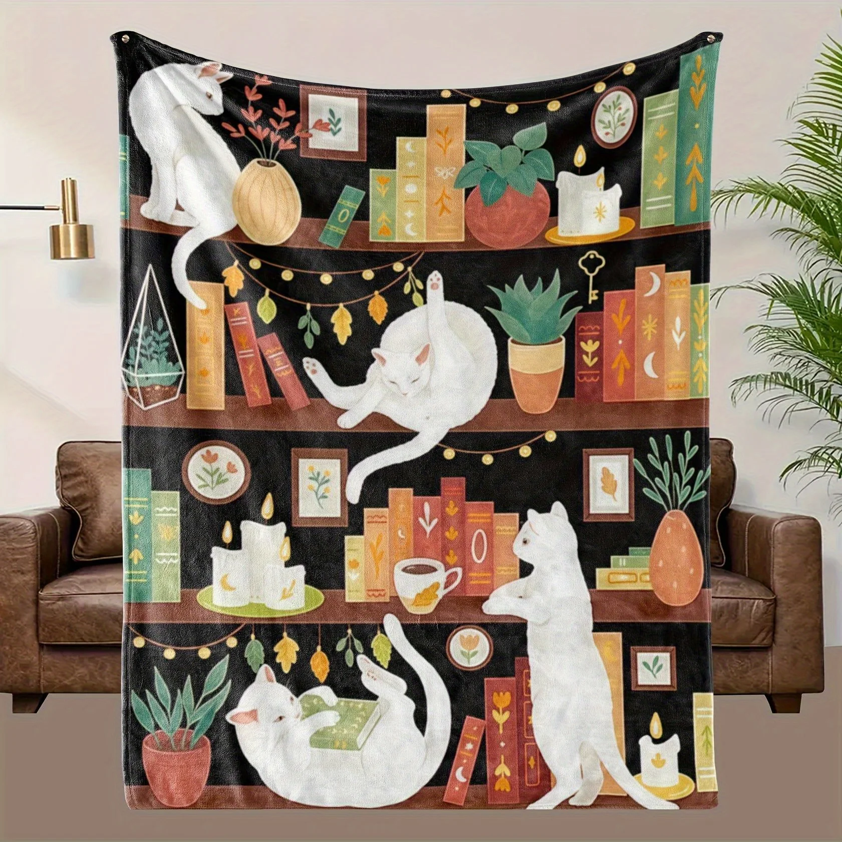 Cozy Cat-Themed Flannel Blanket with Soft Digital Print? Whimsical Bookshelf & Cat Design,Perfect Gift for Family & Friends