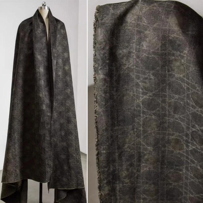 

Винтажная хлопково-льняная ткань Stir Dyed в стиле Ваби-Саби, зелено-коричневая, с эффектом состаривания, в китайском стиле, с темным узором, для пошива пальто и дизайнерской одежды