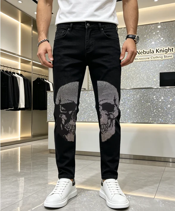 Trendy Mens Rhinestone Stretch Jeans Summer Breathable Elastic Denim Pants Daily Street Outfits
