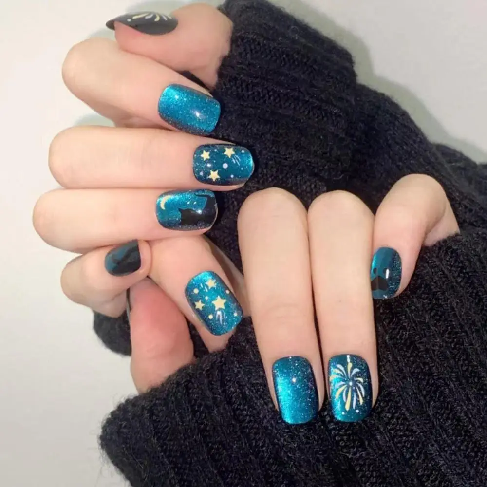 موضة راقصة الباليه الطويلة والأظافر الصناعية المربعة بريق عين القط أسود أبيض مسمار نصائح الفرنسية انفصال اضغط على الأظافر DIY بها بنفسك #1