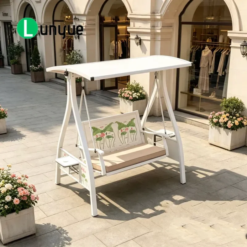 Aluminum Outdoor Patio Swing Double Seat with Canopy Lotus Pattern for Garden Yard Furniture Comfortable Durable