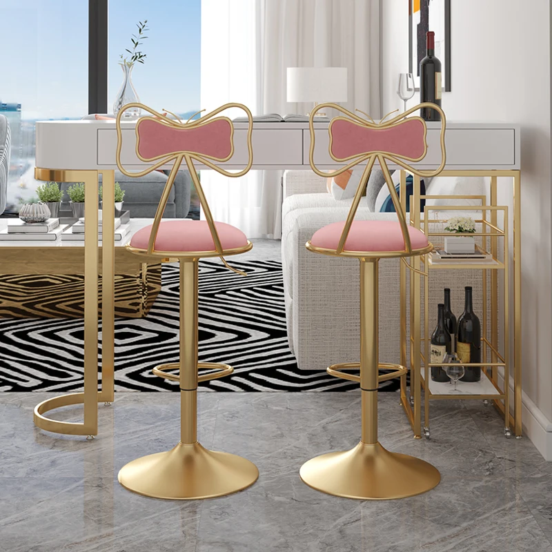 

Aesthetic Relaxing Bar Chairs Metal Pink Long Comfortable Vanity Metal Soft Bar Chairs Design With Back Sillas Trendy Furniture