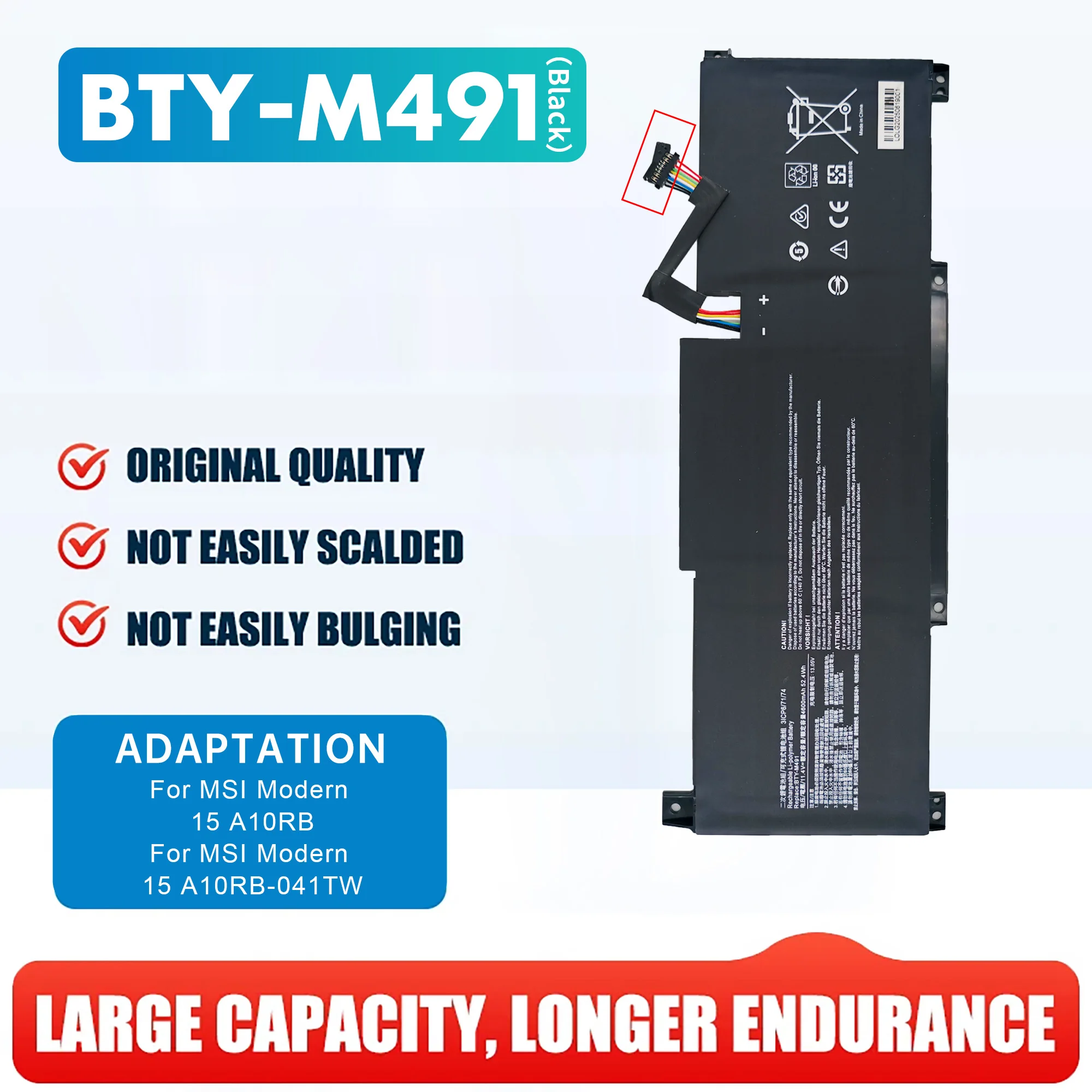 BTY-M491 11.4V 52.4Wh Laptop Battery for MSI Modern 15 A10M A11M Stealth 15M A11M Summit B15