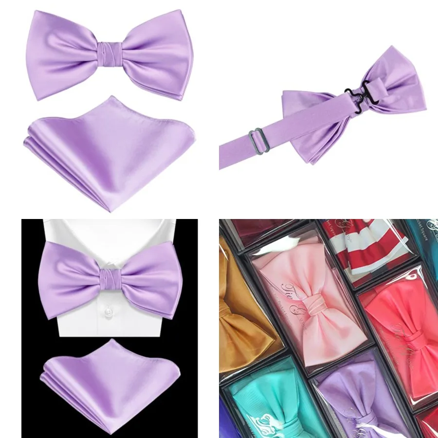 

Solid Color Pre-tied Bow Tie and Pocket Square Sets in Gift Box, Lavender