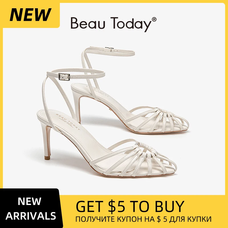 

BEAUTODAY Elegant Sandals Women Sheepskin Solid Color Cut-out Open Toe High Heel Ankle Strap Pumps Ladies Shoes Handmade MS3D043