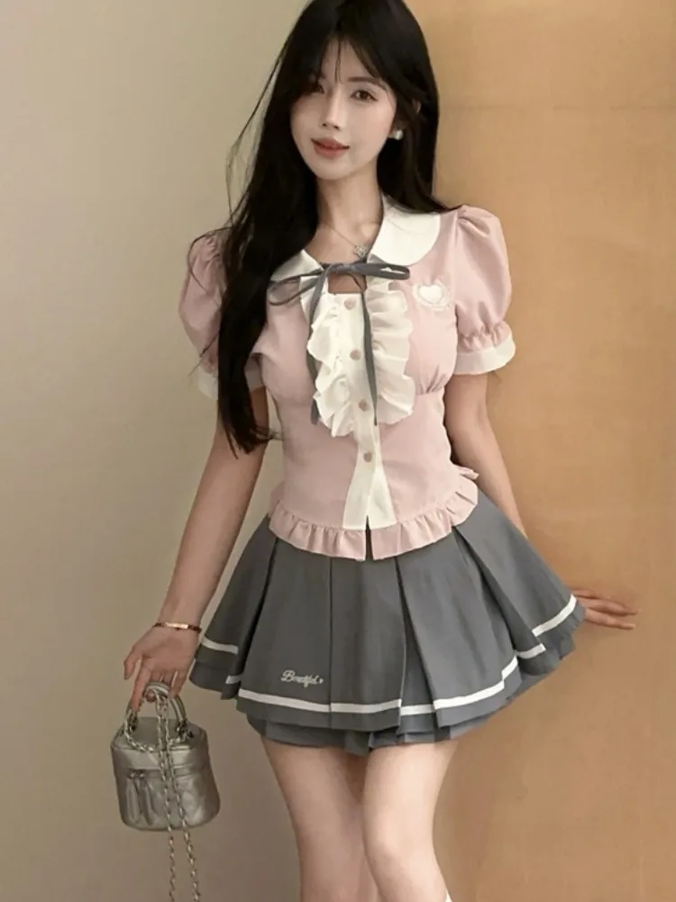 

Pink School orm Sle JK orm Set with Hollow out Bow Tie Puffy Skirt Two Piece Set Korean Sle ort Sve Ne
